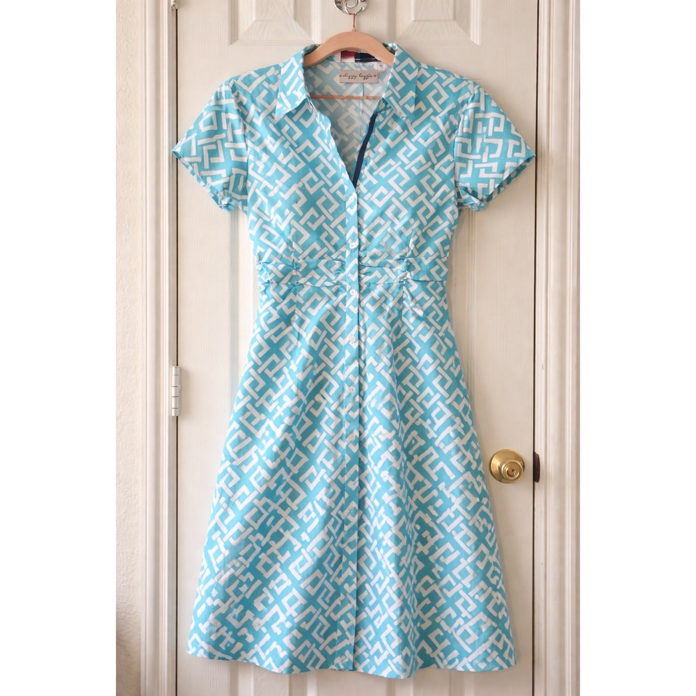 Dizzy Lizzie Aqua Geometric Midi Shirt Dress